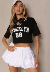 Czarny T-shirt z Bawełny Ozdobiony Napisem Lireline. Czarne bluzki damskie Renee, m, bez wzorów, z bawełny, eleganckie, bez kołnierzyka, bez ramiączek. Za 34.99 zł.