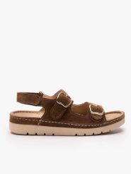 Brązowe sandały z dwoma paskami na rzep. Brązowe sandały damskie Ryłko, bez wzorów, ze skóry, bez obcasa, na obcasie, bez zapięcia. Za 429.99 zł.