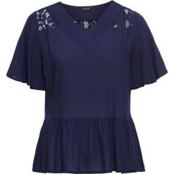 Shirt bluzkowy bonprix ciemnoniebieski. Niebieskie bluzki damskie bonprix, bez wzorów, z koronki, eleganckie, bez kołnierzyka. Za 49.99 zł.