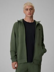 4F Bluza dresowa regular z kapturem męska - oliwkowa L. Brązowe bluzy męskie 4f, l, bez wzorów, z dresówki, z kapturem. Za 169.99 zł.