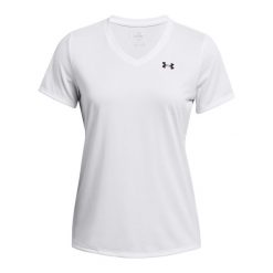 Damski jersey v-neck Under Armour Solid. Białe koszulki sportowe damskie Under Armour, xl, bez wzorów, z jersey, bez kołnierzyka, bez ramiączek, na fitness i siłownię. Za 186.50 zł.