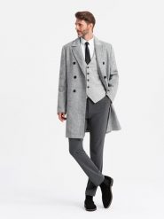 Elegancki dwurzędowy męski płaszcz w jodełkę – szary V1 - Rozmiar: XXL. Szare płaszcze męskie Ombre Clothing, m, z aplikacjami, z dzianiny, eleganckie, bez kaptura. W wyprzedaży za 419.99 zł.