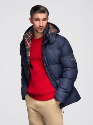 Kurtka męska puffer z podszewką w kratę – granatowa V1 - Rozmiar: M. Niebieskie kurtki męskie Ombre Clothing, m, z aplikacjami, z bawełny, bez kaptura. Za 419.99 zł.