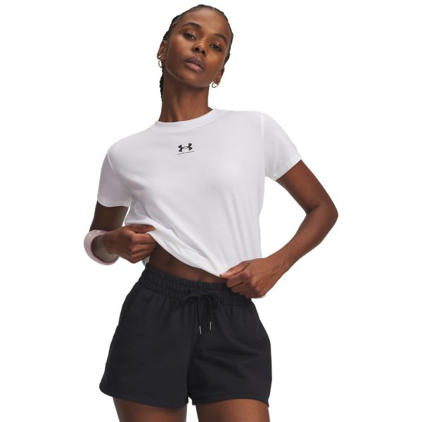 Under Armour UA RIVAL CORE SS Koszulka damska. Białe koszulki sportowe damskie Under Armour, m, bez wzorów, z bawełny, klasyczne, bez kołnierzyka. W wyprzedaży za 90.99 zł.