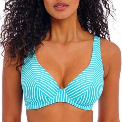 Damski top do kostiumu kąpielowego Freya Jewel cove. Niebieskie topy damskie FREYA ACTIVE, bez wzorów, bez kołnierzyka, bez ramiączek. W wyprzedaży za 179.50 zł.