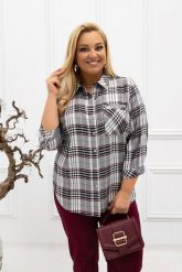 Klasyczna elegancka koszula Violet w szaro-bordową kratkę PLUS SIZE XXL. Czerwone bluzki damskie Nasi partnerzy, plus size, bez wzorów, z jeansu, biznesowe, bez kołnierzyka, plus size, bez ramiączek. Za 199.90 zł.