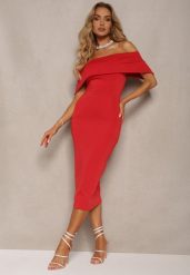 Czerwona Elegancka Sukienka Koktajlowa Hiszpanka o Dopasowanym Kroju Nuelia. Czerwone sukienki damskie Renee, na lato, l, bez wzorów, z dzianiny, eleganckie, bez kołnierzyka, bez ramiączek, midi, dopasowane. Za 89.99 zł.