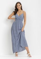 Niebieska Sukienka Doriaroe. Niebieskie sukienki damskie Born2be, na lato, l, bez wzorów, bez kołnierzyka, bez ramiączek, maxi, kopertowe. Za 64.99 zł.