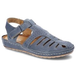 Niebieskie Sandały Maciejka Skórzane Buty Damskie. Niebieskie klapki damskie Maciejka, w ażurowe wzory, ze skóry, klasyczne, bez obcasa, na platformie. Za 279.00 zł.