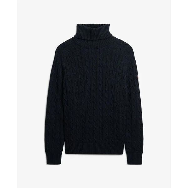 Sweter na plecionce z golfem damski Superdry. Niebieskie swetry damskie Superdry., m, bez wzorów, z dzianiny, eleganckie, bez kołnierzyka, bez ramiączek, długie, bez kaptura. Za 328.15 zł.