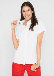 Taliowana bluzka z krótkim rękawem z mieszanki bawełny ze stretchem. Białe bluzki damskie bonprix, bez wzorów, z bawełny, bez kołnierzyka, bez ramiączek. Za 77.99 zł.