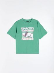 Bawełniana koszulka z motywem artystycznym - zielony. Zielone t-shirty damskie Sinsay, l, bez wzorów, z bawełny, bez kołnierzyka. Za 25.99 zł.