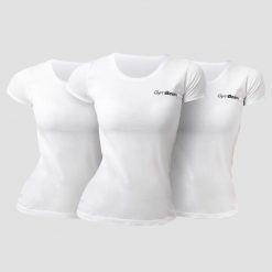 Koszulka damska fitness z krótkim rękawem biała Basic 3Pack. Białe koszulki sportowe damskie GYMBEAM, xs, bez wzorów, z bawełny, bez kołnierzyka, bez ramiączek, na fitness i siłownię. Za 102.90 zł.