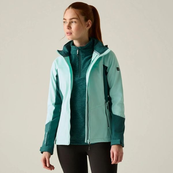 Damska kurtka softshell Desoto. Niebieskie kurtki damskie Regatta, bez wzorów, z materiału, z kapturem. Za 505.00 zł.