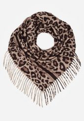 Brązowy Wiskozowy Szalik w Panterkę Wykończony Frędzlami Alefera. Brązowe szaliki i chusty damskie Renee, bez wzorów, z jeansu. Za 39.99 zł.