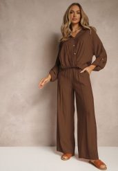 Brązowy Komplet z Wiskozy w Stylu Oversize Szerokie Spodnie i Luźna Koszula na Guziki Natinne. Brązowe koszule damskie Renee, bez wzorów, z wiskozy. Za 129.99 zł.