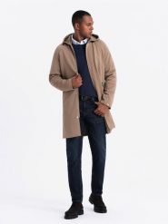 Płaszcz męski z kapturem w delikatny prążek - kawowy V1 - Rozmiar: S. Płaszcze męskie Ombre Clothing, m, bez wzorów, z elastanu, eleganckie, z kapturem. W wyprzedaży za 359.99 zł.