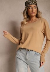 Ciemnobeżowy Sweter z Dodatkiem Kaszmiru Ozdobiony Ściągaczami Sanadora. Brązowe swetry damskie Renee, bez wzorów, z jeansu, casualowe, bez kołnierzyka, bez ramiączek, bez kaptura. Za 69.99 zł.