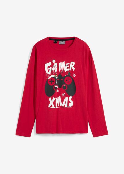 Shirt chłopięcy z długim rękawem i bożonarodzeniowym motywem, z bawełny organicznej. Czerwone koszule dla chłopców bonprix, bez wzorów, z bawełny, bez kołnierzyka, bez ramiączek. Za 49.99 zł.
