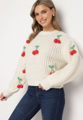 Jasnobeżowy Sweter z Aplikacjami Wisienek o Klasycznym Fasonie Dintinnia. Brązowe swetry damskie Born2be, m, z aplikacjami, z jeansu, biznesowe, bez kołnierzyka, bez ramiączek, długie, bez kaptura. Za 159.99 zł.
