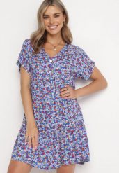 Niebieska Sukienka z Wiskozy i Falbanką Janosa. Niebieskie sukienki damskie Born2be, l, bez wzorów, z wiskozy, bez kołnierzyka, bez ramiączek, mini, rozkloszowane. Za 79.99 zł.