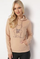 Beżowa Klasyczna Bluza z Polarem i Kapturem Wkładana Przez Głowę i Ozdobiona Nadrukiem Lettora. Brązowe bluzy damskie Born2be, xl, bez wzorów, z polaru, z kapturem. Za 84.99 zł.