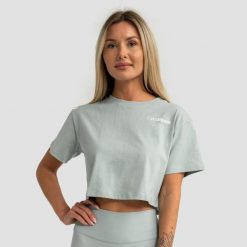 Koszulka damska fitness krótka luźna eukaliptusowa Limitless. Zielone koszulki sportowe damskie GYMBEAM, s, bez wzorów, z bawełny, bez kołnierzyka, bez ramiączek, na fitness i siłownię. Za 76.90 zł.