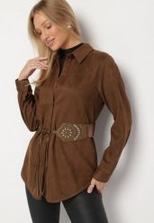 Brązowa Koszula z Dodatkowym Paskiem z Frędzlami w Stylu Boho Unesa. Brązowe bluzki damskie Born2be, l, bez wzorów, z jeansu, boho, bez kołnierzyka, bez ramiączek. Za 139.99 zł.