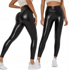 Legginsy MODNE Wysoki Stan MODELUJĄCE EKO SKÓRA z Marszczeniem CZARNE r.L. Czarne legginsy damskie ITIMPORT, l, bez wzorów, ze skóry. Za 75.63 zł.
