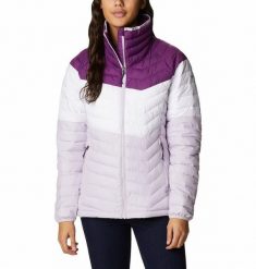 COLUMBIA Kurtka damska POWDER LITE BLOCKED JACKET Plum White Pale Lilac-M. Białe kurtki damskie Columbia, na zimę, m, bez wzorów, z materiału, bez kaptura. Za 255.05 zł.