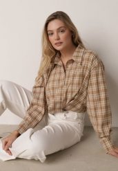 Beżowa Krótka Bawełniana Koszula w Kratę z Marszczeniem Wenatia. Brązowe bluzki damskie Born2be, m, bez wzorów, z bawełny, bez kołnierzyka, bez ramiączek. Za 89.99 zł.