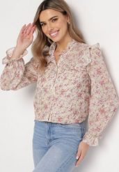 Jasnobeżowa Koszula z Błyszczącymi Drobinkami Falbankami i Wzorem w Kwiaty Vletanna. Brązowe bluzki damskie Born2be, l, bez wzorów, eleganckie, bez kołnierzyka, bez ramiączek. Za 119.99 zł.