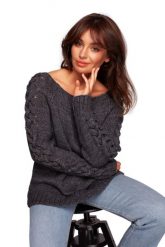 Sweter z Grubym Warkoczem na Rękawach - Szary. Szare swetry damskie MOE, l, bez wzorów, z materiału, bez kołnierzyka, bez ramiączek, bez kaptura. Za 204.58 zł.