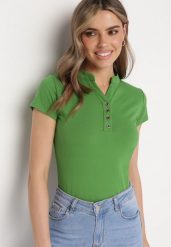 Zielony T-shirt Koszulka z Bawełny z Metalicznymi Guzikami Cariena. Zielone bluzki damskie Born2be, m, bez wzorów, z bawełny, bez kołnierzyka. Za 39.99 zł.