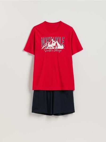 Dwuczęściowa piżama z nadrukiem - czerwony. Czerwone piżamy męskie Reserved, l, bez wzorów, z bawełny, bez ramiączek. Za 99.99 zł.