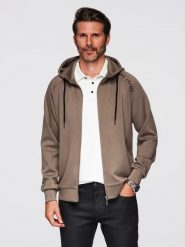 Męska bluza rozpinana ze stójką i kapturem szarobrązowa V3 OM-SSZP-0216 S. Brązowe bluzy męskie Ombre, m, bez wzorów. Za 347.95 zł.