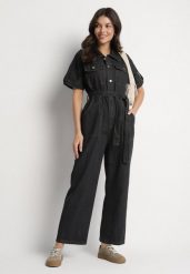 Czarny Jeansowy Kombinezon z Wiązaniem w Talii i Szerokimi Nogawkami Xenadea. Czarne sukienki damskie Born2be, na spotkanie biznesowe, m, bez wzorów, z denimu, eleganckie, bez kołnierzyka, bez ramiączek. Za 209.99 zł.