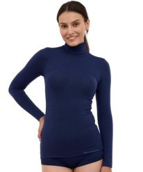 Koszulka damska golf z wełną Brubeck COMFORT MERINO. Niebieskie t-shirty damskie Brubeck, l, bez wzorów, z materiału, klasyczne, bez kołnierzyka. Za 234.99 zł.