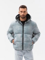 Kurtka męska puffer - jasnoniebieska V1 - Rozmiar: L. Niebieskie kurtki męskie Ombre Clothing, na zimę, l, bez wzorów, z materiału, sportowe, bez kaptura. W wyprzedaży za 99.99 zł.