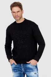 EMPORIO ARMANI Czarna bluza męska z aksamitnym logo, Rozmiar L. Czarne bluzy męskie Emporio Armani, l, z aplikacjami, bez kaptura. W wyprzedaży za 570.99 zł.
