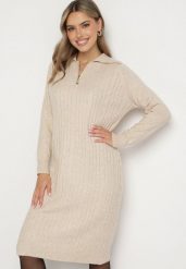 Jasnobeżowa Sukienka z Bawełną i Wełną z Kołnierzykiem na Suwak Tereithra. Brązowe sukienki damskie Born2be, na co dzień, bez wzorów, z bawełny, eleganckie, bez kołnierzyka, bez ramiączek, midi, proste. Za 74.99 zł.