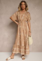 Ciemnobeżowa Rozkloszowana Sukienka z Falbanką w Print Boho z Wiskozą Tunova. Brązowe sukienki damskie Renee, na co dzień, l, bez wzorów, z wiskozy, boho, bez kołnierzyka, bez ramiączek, maxi, rozkloszowane. Za 59.99 zł.