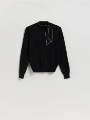 Sweter z wiązaniem - czarny. Czarne swetry damskie Reserved, l, bez wzorów, z dzianiny, bez kołnierzyka, bez ramiączek, bez kaptura. Za 119.99 zł.
