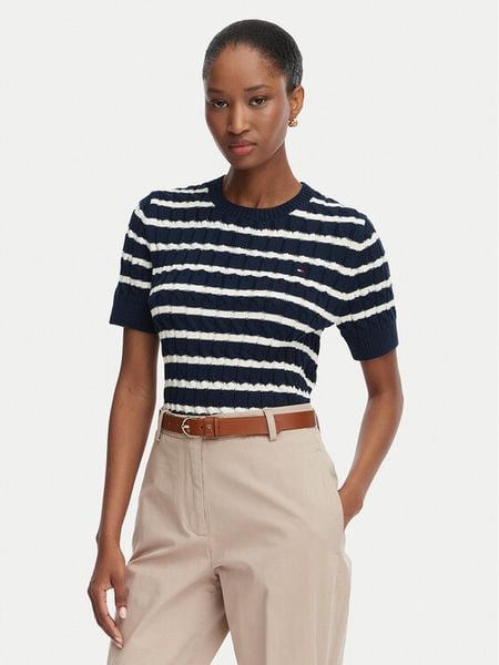 Tommy Hilfiger Sweter Cable Mid WW0WW38744 Granatowy Regular Fit. Niebieskie swetry damskie Tommy Hilfiger, xl, bez wzorów, z bawełny, bez kołnierzyka, bez ramiączek, bez kaptura. Za 489.99 zł.