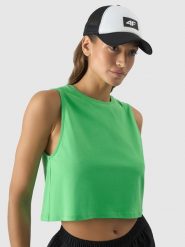 4F Crop-top oversize gładki damski - zielony XS. Zielone koszulki sportowe damskie 4f, xs, bez wzorów, z bawełny, bez kołnierzyka, bez ramiączek. W wyprzedaży za 29.99 zł.