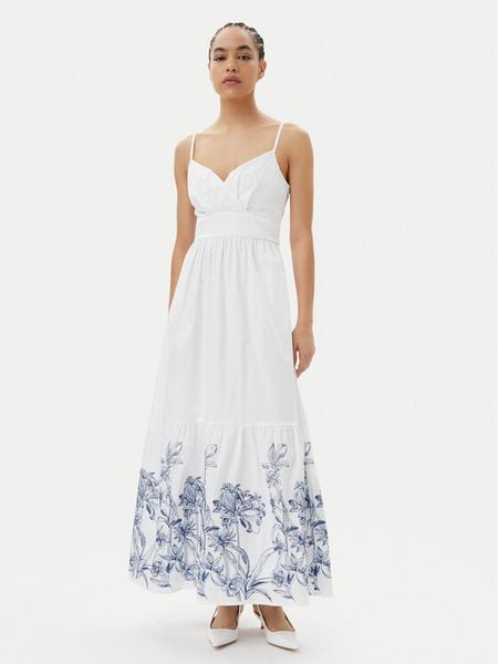 Guess Sukienka letnia W5GT26 WH580 Biały Regular Fit. Białe sukienki damskie Guess, na lato, xs, z aplikacjami, z bawełny, bez kołnierzyka, bez ramiączek. Za 419.99 zł.