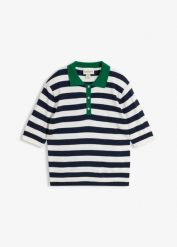 Cienki sweter z kołnierzykiem polo. Niebieskie swetry damskie bonprix, bez wzorów, bez kołnierzyka, bez ramiączek, bez kaptura. Za 94.99 zł.
