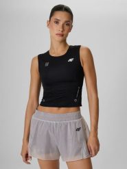 4F Crop top treningowy szybkoschnący damski - czarny XS. Czarne koszulki sportowe damskie 4f, l, bez wzorów, bez kołnierzyka, bez ramiączek, na fitness i siłownię. Za 99.99 zł.