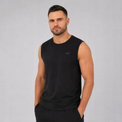 KOSZULKA MĘSKA BEZ RĘKAWÓW 4F TANK TOP SPORTOWA XL TSLEM125. Czarne koszulki sportowe męskie 4f, m, bez wzorów, z bawełny, bez kołnierzyka, bez ramiączek, na fitness i siłownię. Za 34.06 zł.