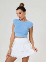 Bawełniana koszulka basic - niebieski. Niebieskie t-shirty damskie Sinsay, l, bez wzorów, z bawełny, bez kołnierzyka. W wyprzedaży za 9.99 zł.
